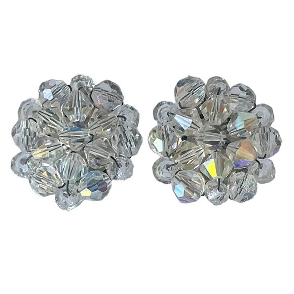 60s Signed Germany Aurora Borealis White Crystal Beaded Starburst Clip Earrings - Picture 1 of 3